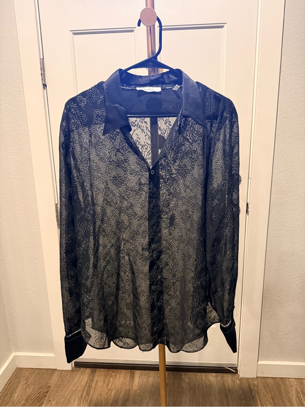 Robert Graham Sheer Black Button-Down Blouse with Metallic Dot Detail